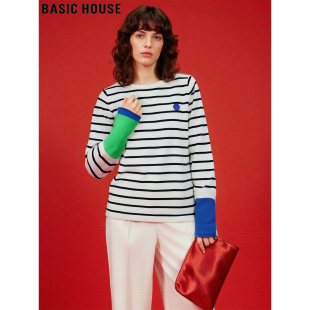 新款 Basic T恤女2026春季 百家好撞色条纹长袖 内搭打底上衣 House