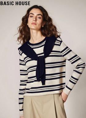 Basic House/百家好假两件条纹针织衫女2026春季新款软糯打底毛衣