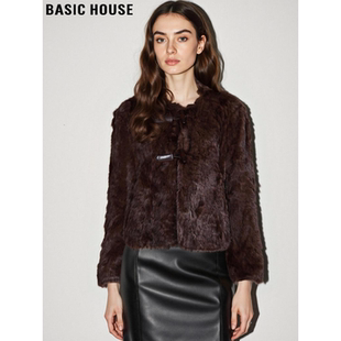 Basic House/百家好轻奢高级感牛角扣毛毛外套女冬季短款环保皮草
