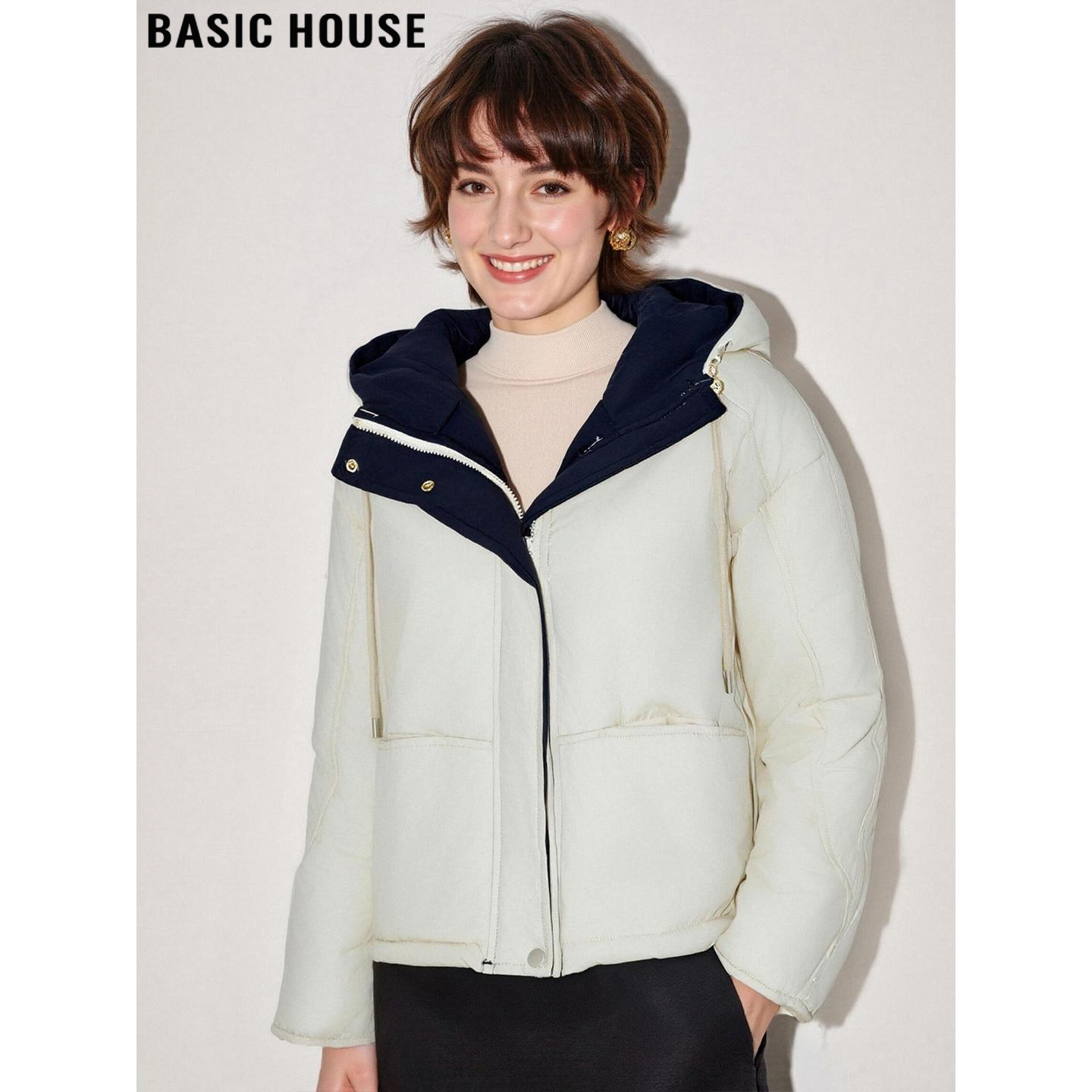 百家好米白色连帽短款棉衣外套女