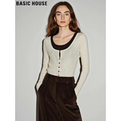 House 百家好设计感撞色假两件针织衫 女冬季 Basic 内搭软糯打底衫