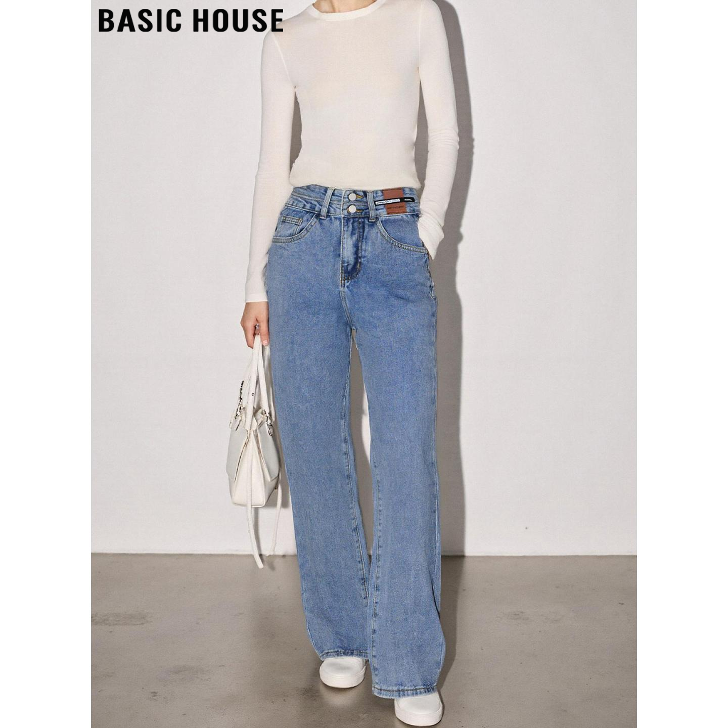 Basic House/百家好浅蓝色加绒高腰直筒牛仔裤女秋冬窄版阔腿长裤