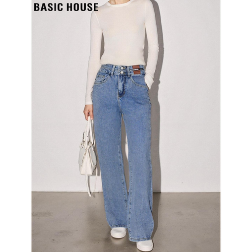 百家好浅蓝色加绒高腰直筒牛仔裤