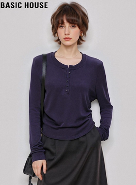 Basic House/百家好美式复古亨利领长袖T恤女春季内搭显瘦打底衫