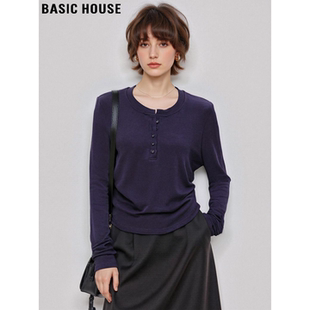 House 内搭显瘦打底衫 百家好美式 T恤女春季 复古亨利领长袖 Basic