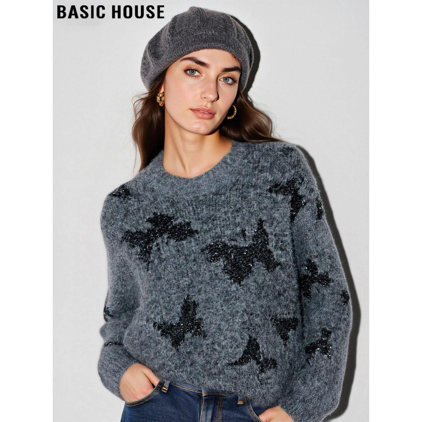 百家好含羊毛提花灰色软糯毛衣女