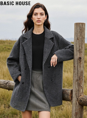 Basic House/百家好高级感深灰色毛呢外套女冬季中长款羊毛呢大衣
