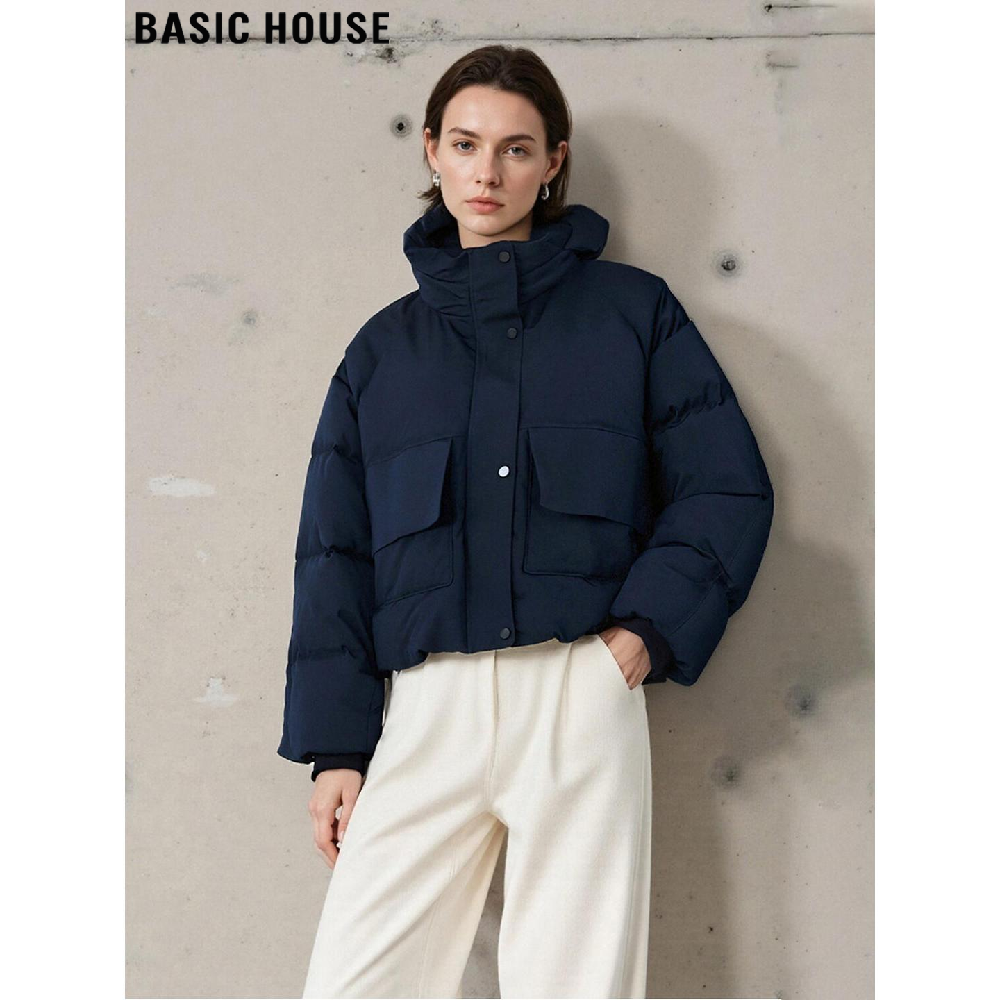 百家好藏蓝色加厚连帽棉服外套女