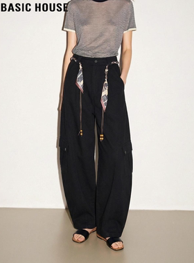 Basic House/百家好美式黑色全棉阔腿工装裤女春季高腰宽松休闲裤