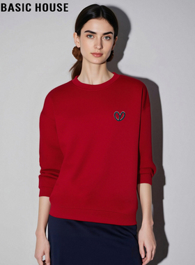 Basic House/百家好新年红圆领加绒卫衣女士2025冬季宽松内搭上衣