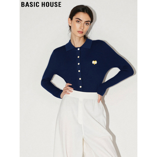 打底衫 Basic 女2025秋冬新款 百家好宝蓝色Polo领针织衫 上衣 House