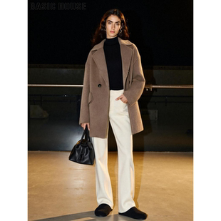Basic House/百家好驼色羊毛呢子大衣女士冬季中长款加厚毛呢外套