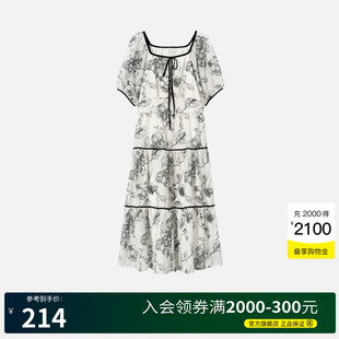 荷叶边长裙女 Basic House 百家好优雅印花方领连衣裙2025夏季 新款