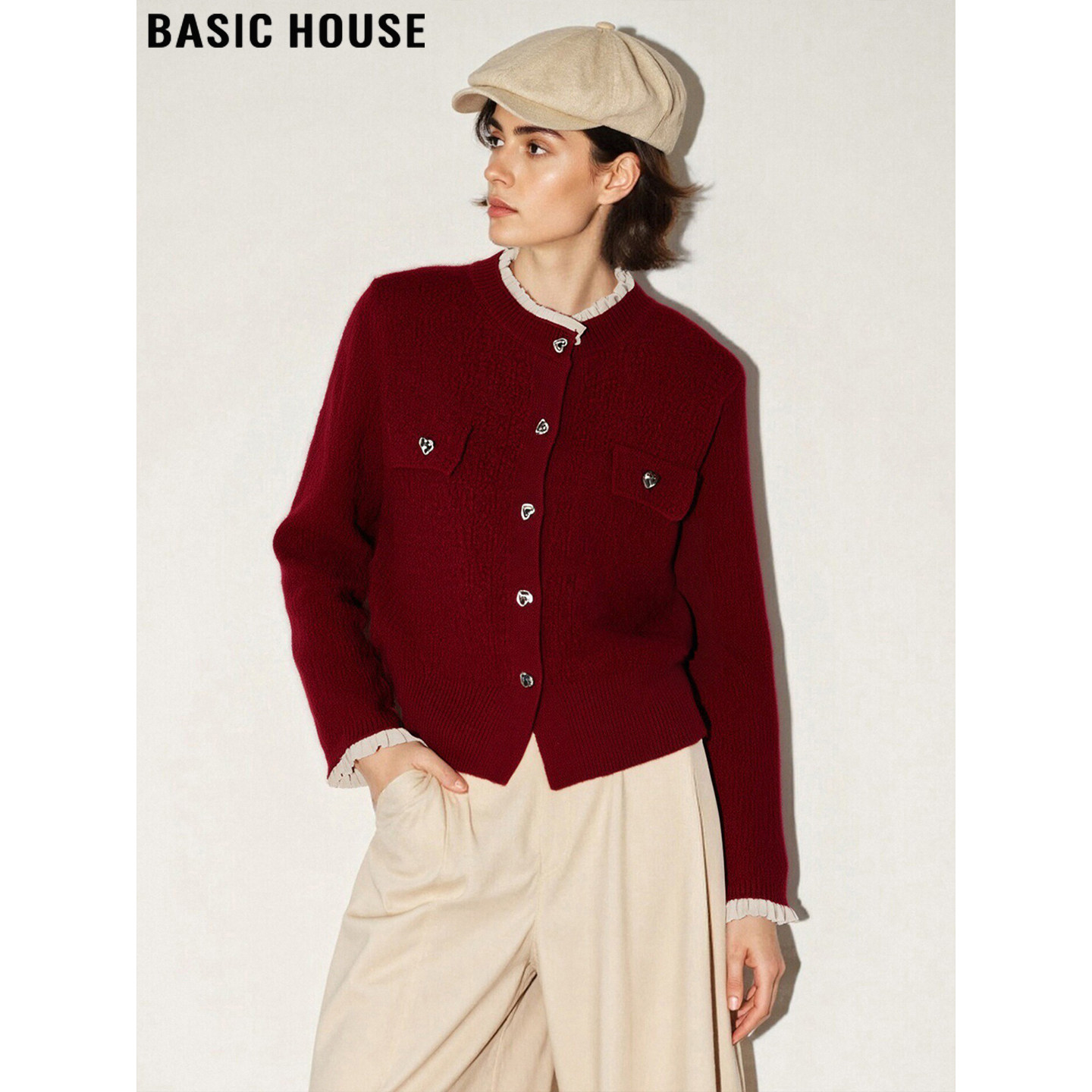 Basic House/百家好红色针织开衫女冬季新年战袍花边领小香风外套,女装/女士精品,毛针织衫,淘宝优惠券,粉丝福利购,淘宝优惠卷