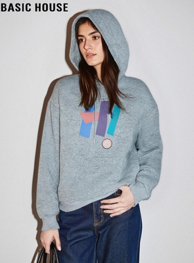 Basic House/百家好花灰色印花连帽卫衣女秋冬加厚宽松慵懒风上衣