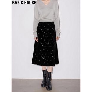Basic House/百家好黑色丝绒蝴蝶印花半身裙女冬中长款高腰a字裙