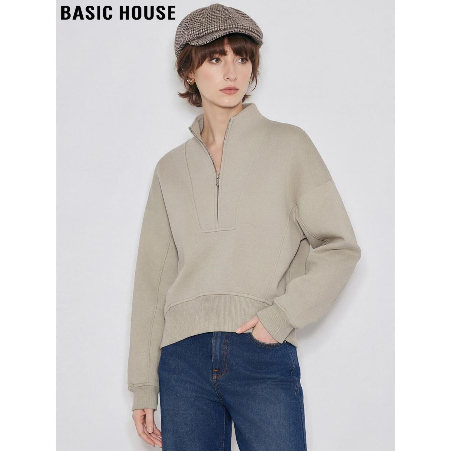 Basic House/百家好半拉链立领卫衣女2026春季新款慵懒风宽松上衣
