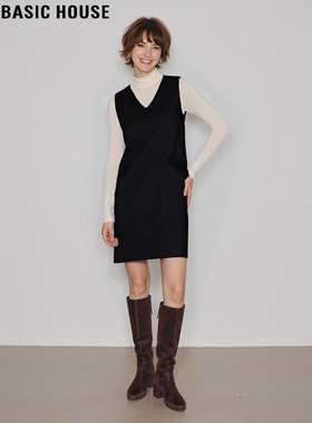 Basic House/百家好黑色V领连衣裙女士冬季含羊毛修身直筒背心裙