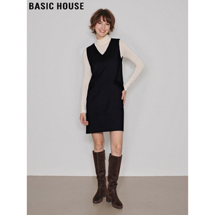 含羊毛修身 百家好黑色V领连衣裙女士冬季 直筒背心裙 House Basic