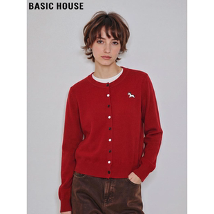 Basic House/百家好红色针织开衫女2026春季新款洋气小马刺绣毛衣