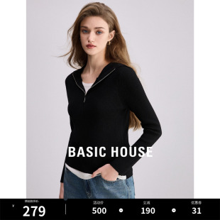 女2024春季 Basic 百家好假两件连帽针织衫 半拉链毛衣 House 新款