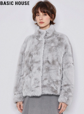 Basic House/百家好灰色高领环保皮草女冬高级感加厚保暖毛毛外套