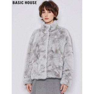 Basic 百家好灰色高领环保皮草女冬高级感加厚保暖毛毛外套 House