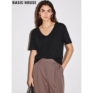 T恤女士夏季 百家好黑色通勤透气短袖 纯棉V领简约上衣 House Basic