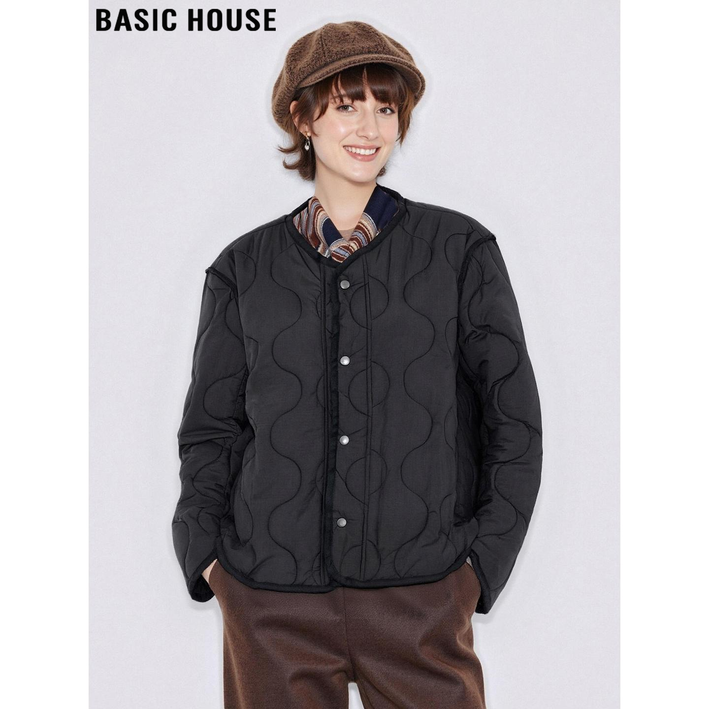 百家好高级感黑色圆领棉衣外套女