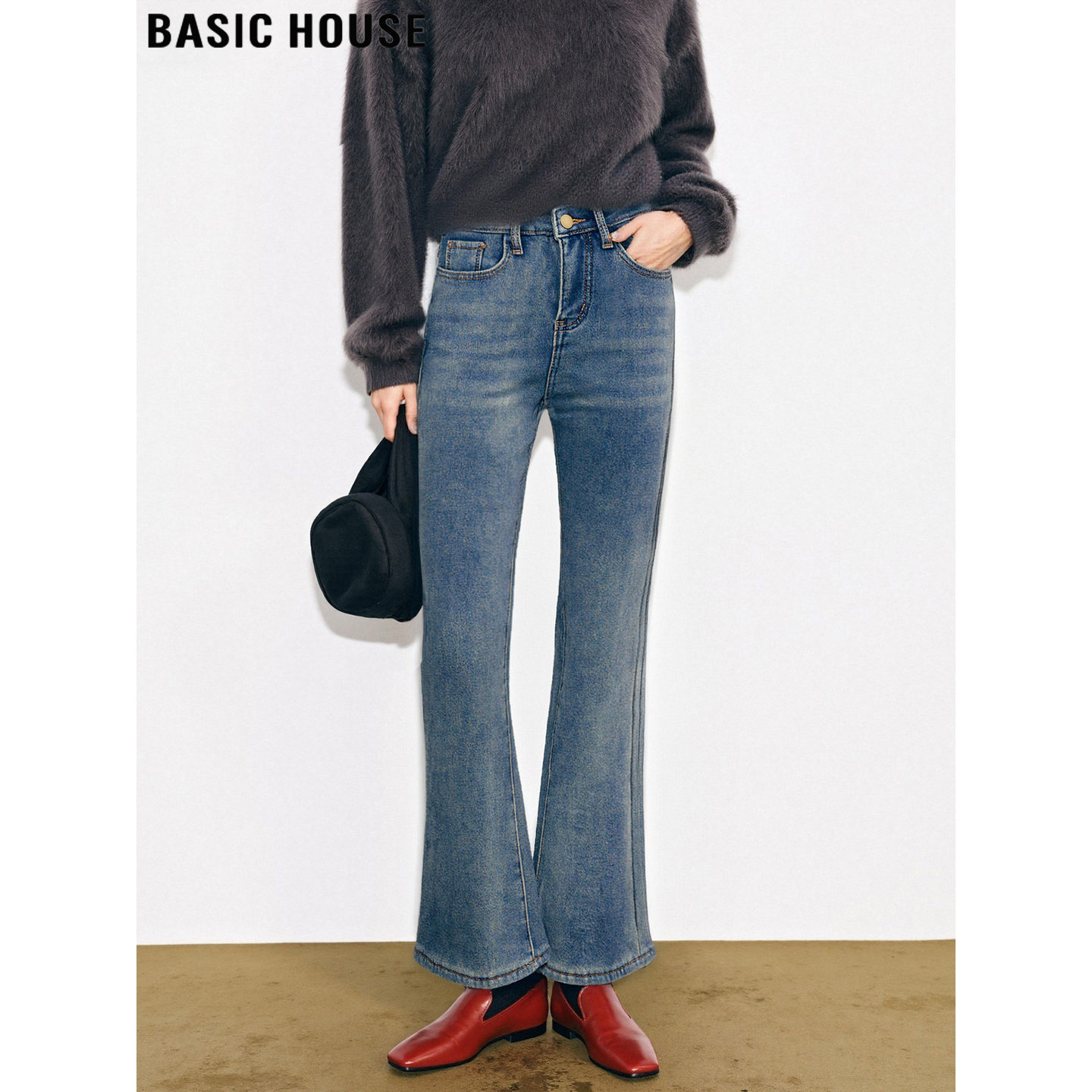 百家好复古加绒加厚微喇叭牛仔裤