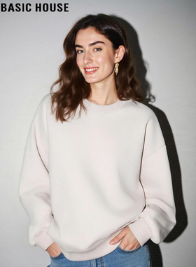 Basic House/百家好杏色圆领卫衣女2025冬季新款慵懒风宽松打底衫