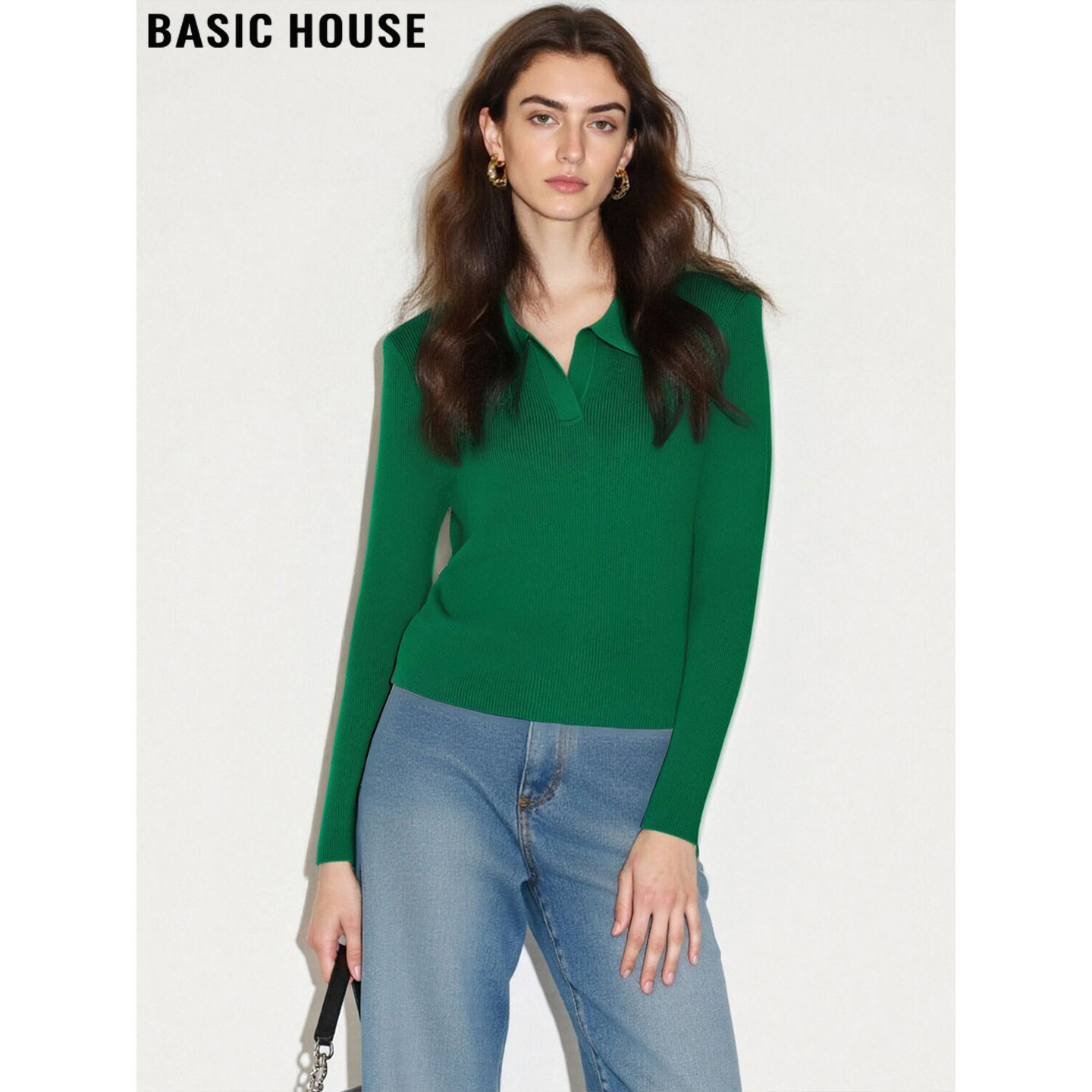 百家好墨绿色POLO领针织打底衫女
