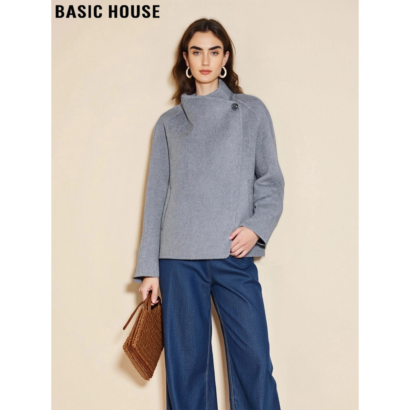 百家好灰色立领短款毛呢大衣女