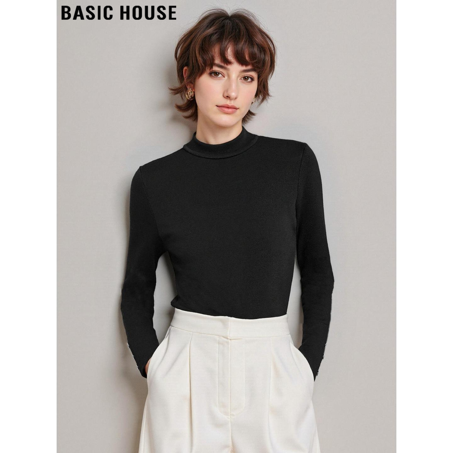 百家好简约套头黑色加厚打底衫