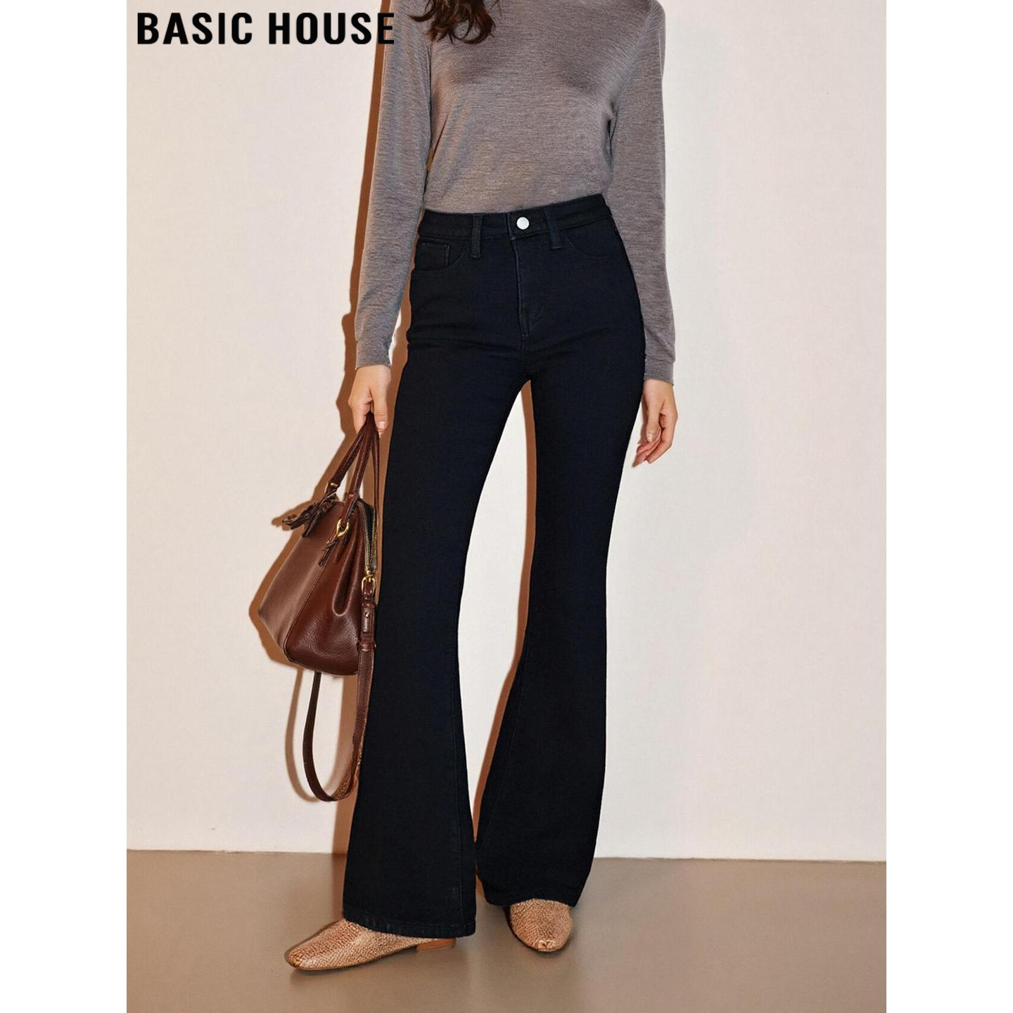 百家好黑色微喇叭裤加绒牛仔裤女