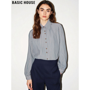 Basic House/百家好高智感竖条纹衬衫女2026春季新款叠穿打底上衣
