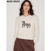 House 百家好白色斑马刺绣针织衫 女士2026春季 Basic 新款 圆领毛衣