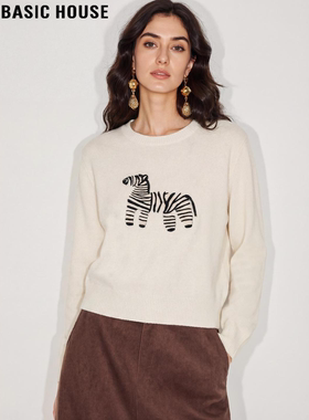 Basic House/百家好白色斑马刺绣针织衫女士2026春季新款圆领毛衣