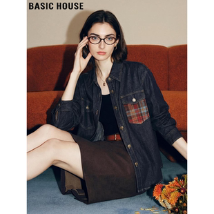 Basic House/百家好复古撞色牛仔衬衫女2026春季新款港风宽松外套