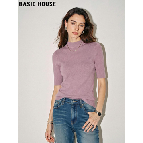 百家好浅紫色半高领短袖针织衫女