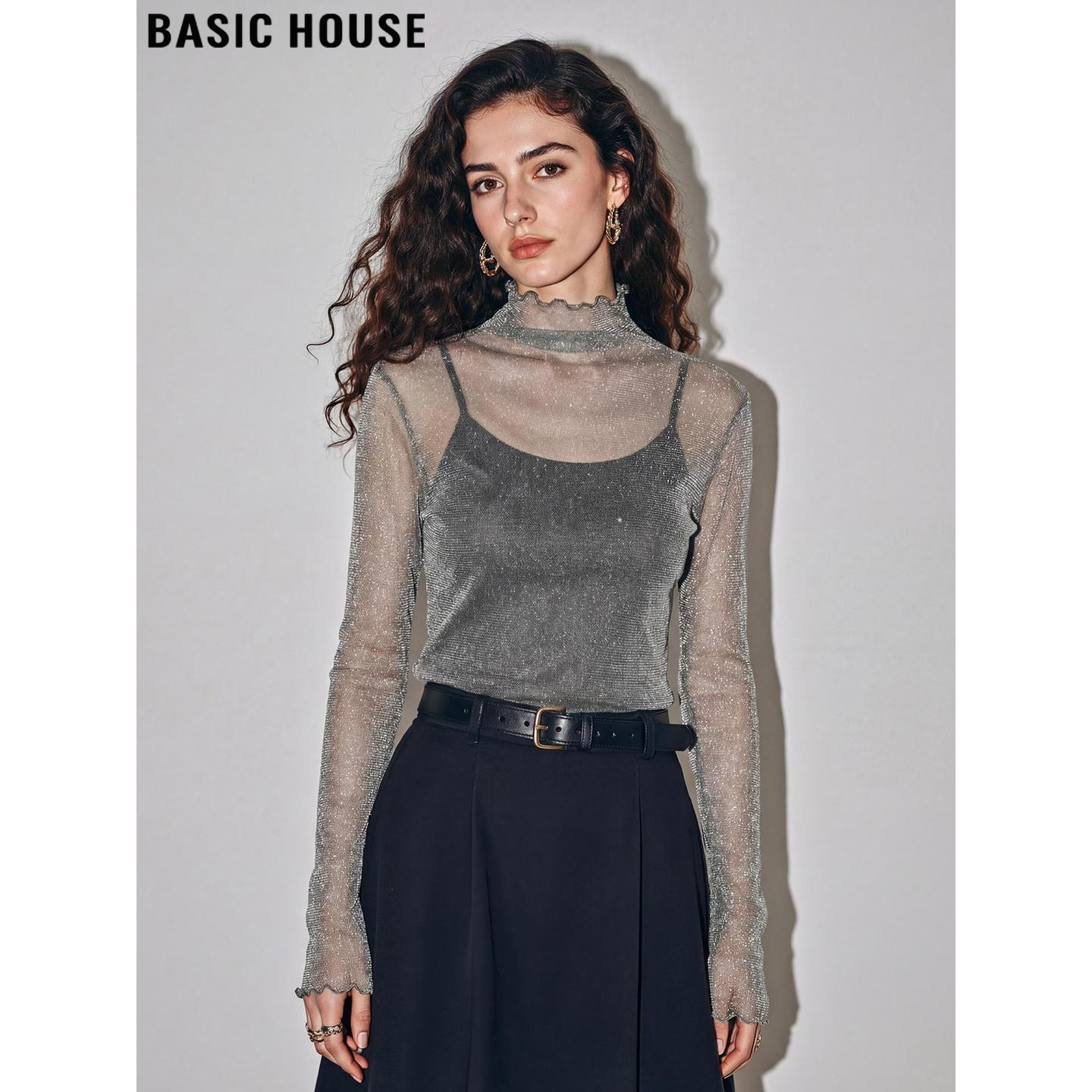 Basic House/百家好细闪半透视网纱打底衫女2026春季新款长袖纱衣,女装/女士精品,T恤,淘宝优惠券,粉丝福利购,淘宝优惠卷