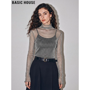 长袖 Basic 新款 百家好细闪半透视网纱T恤女士2026春季 纱衣 House
