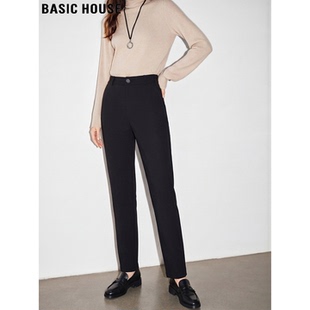 Basic House/百家好黑色哈伦西装裤女冬小个子显高加绒高腰烟管裤