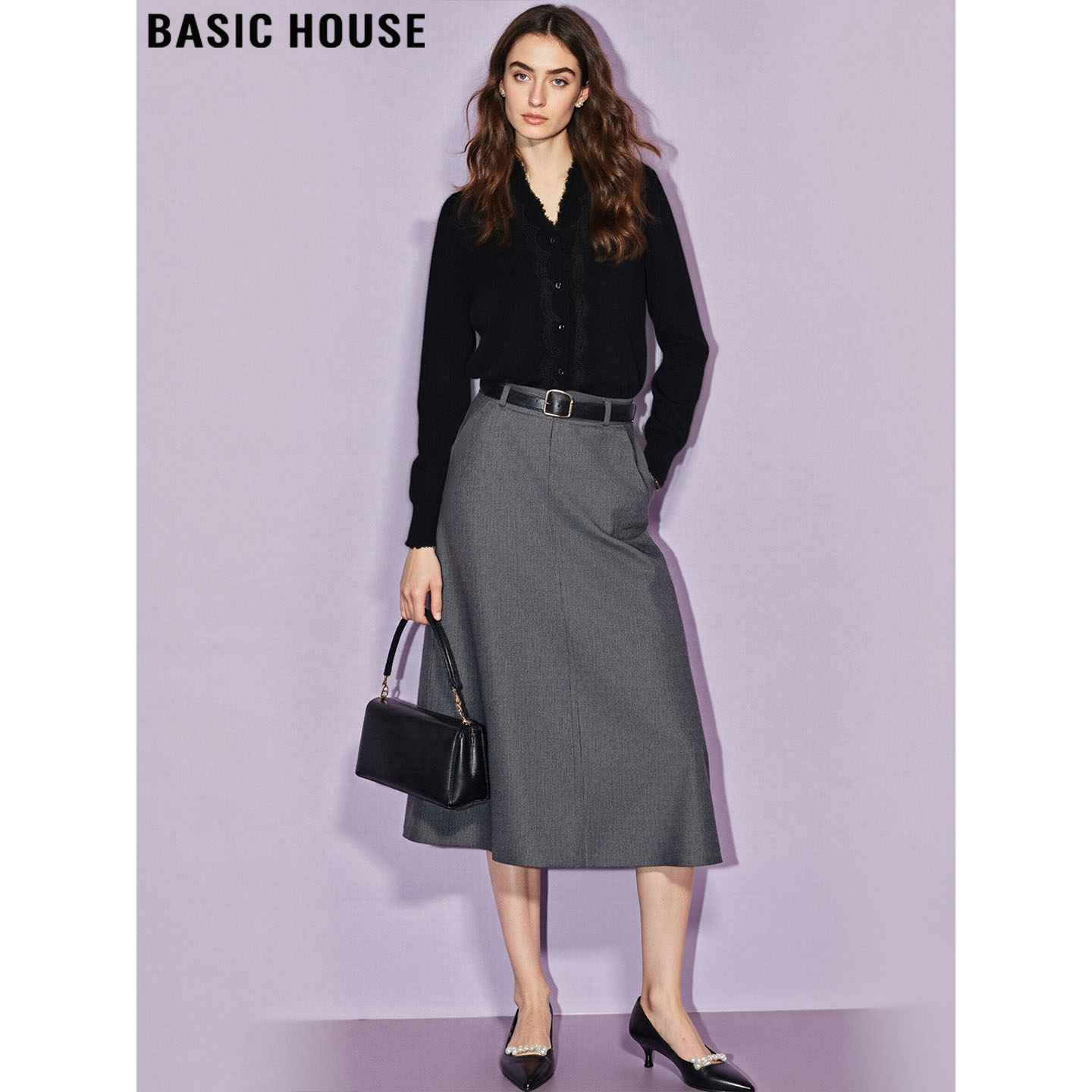 百家好蕾丝拼接V领针织开衫打底