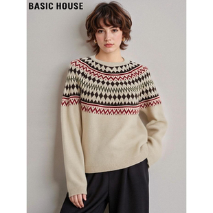 Basic House/百家好费尔岛提花针织衫女2026春季新款慵懒圆领毛衣