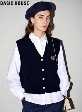 Basic House/百家好藏蓝色V领针织马甲女冬季学院风叠穿短款马夹
