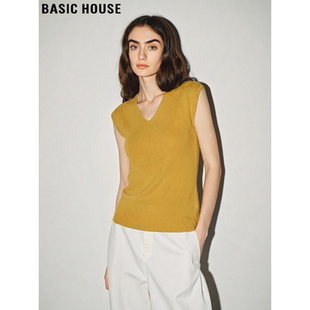 气质修身 Basic T恤女夏季 百家好芥末黄V领冰丝针织短袖 上衣 House