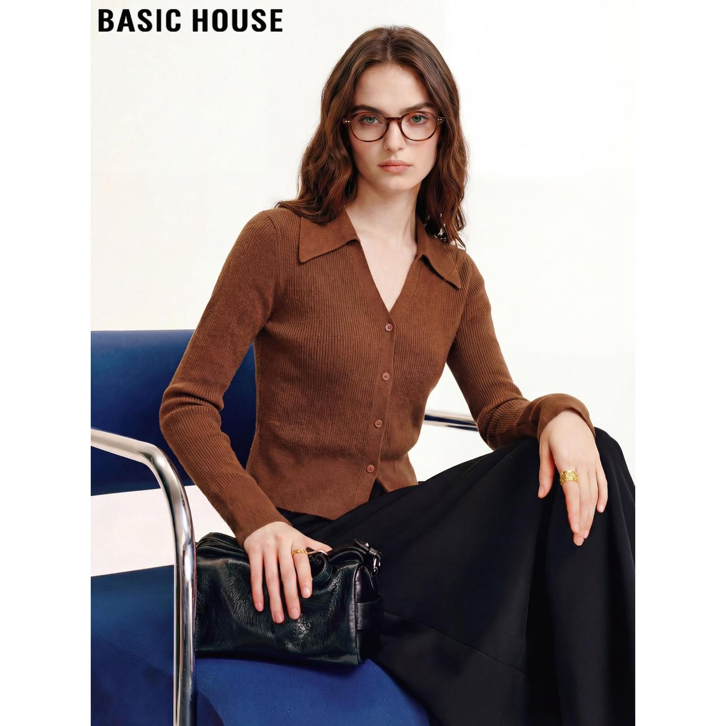 Basic House/百家好咖色V领针织衫女士2026春季新款修身气质开衫,女装/女士精品,毛针织衫,淘宝优惠券,粉丝福利购,淘宝优惠卷