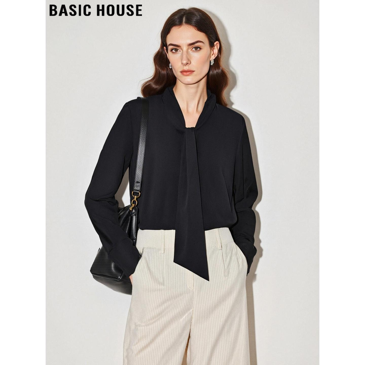 黑色飘带领衬衫高级感长袖衬衣女