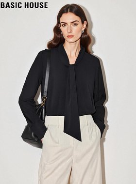 Basic House/百家好黑色飘带领衬衫女2026春季新款高级感长袖衬衣
